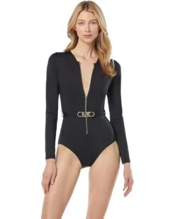 MICHAEL Michael Kors Solids Zip Front Long Sleeve One-Piece
