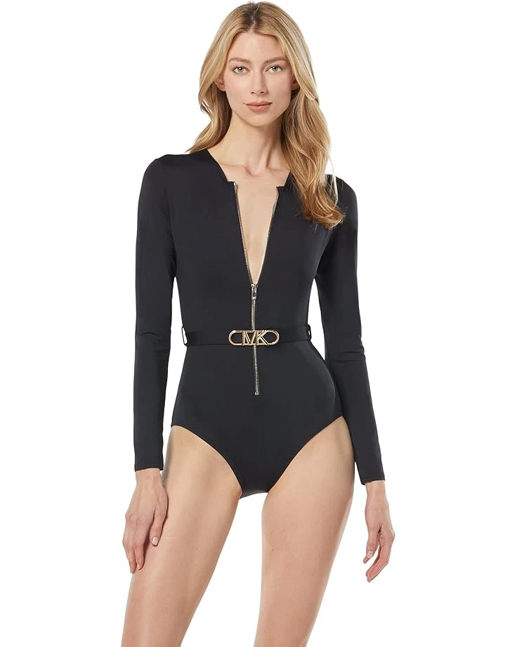 MICHAEL Michael Kors Solids Zip Front Long Sleeve One-Piece 3 MICHAEL Michael Kors Solids Zip Front Long Sleeve One-Piece