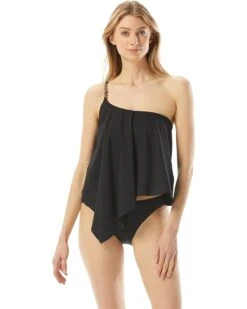 MICHAEL Michael Kors Signature Solids Logo Chain One Shoulder Tankini Top