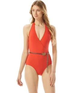 MICHAEL Michael Kors Signature Solids Logo Chain Surplice One-Piece