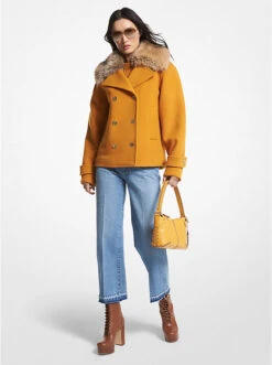 Faux Fur Trim Wool Blend Peacoat