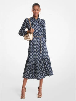 Empire Logo Print Satin Belted Dress