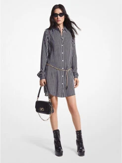 Striped Georgette Belted Shirtdress