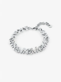 Platinum-Plated Brass Pavé Logo Chain Bracelet