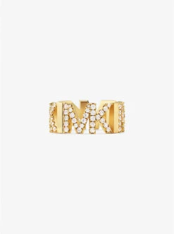 Precious Metal-Plated Brass Pavé Logo Chain Ring